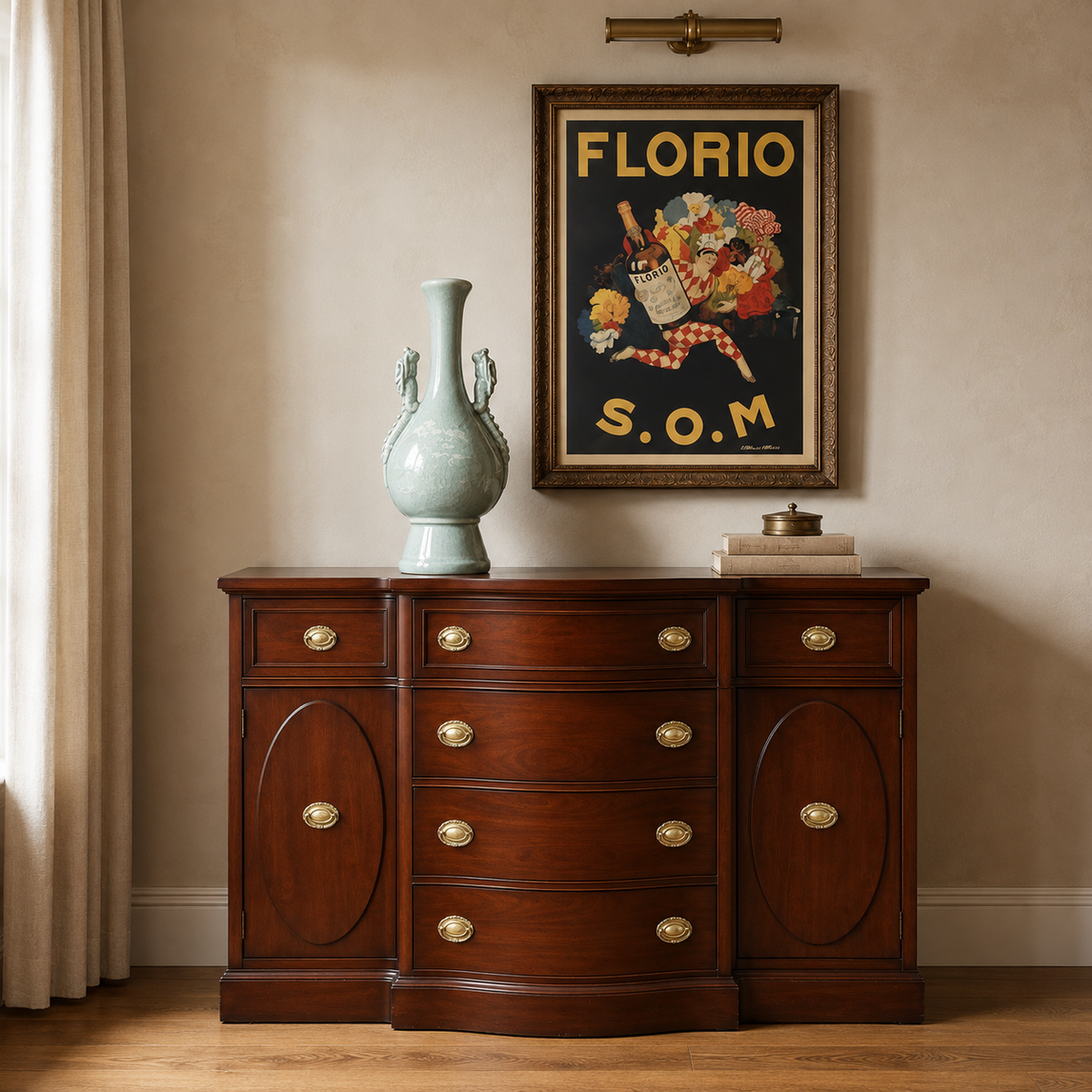 Curated antiques and vintage decor displayed in a warm traditional interior