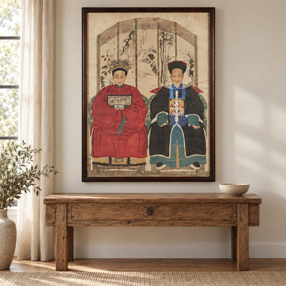 Chinese Ancestral Portrait shown at a larger scale above a wooden console.