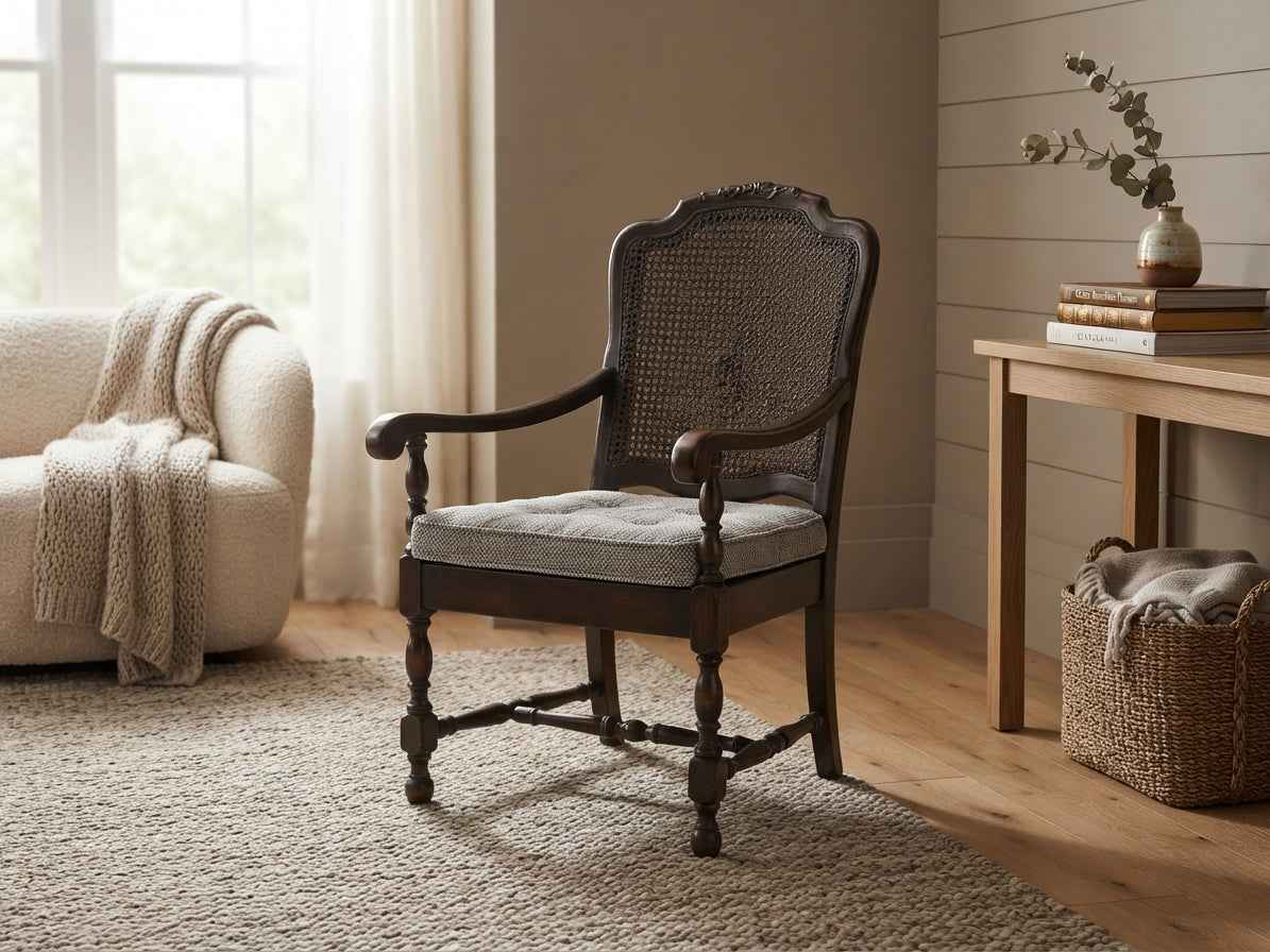 Dark wood armchair with woven cane back and seat, view 2