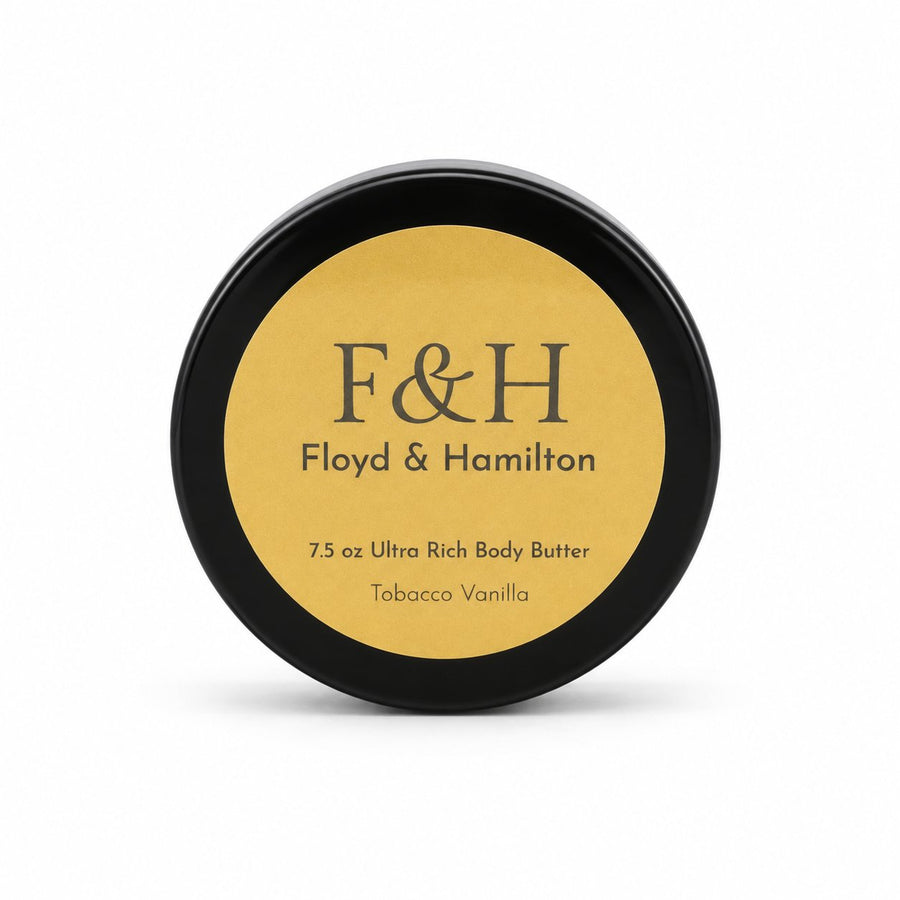 F&H Tobacco Vanilla Ultra Rich Body Butter, 7.5 oz black jar with gold label, upright on a white background