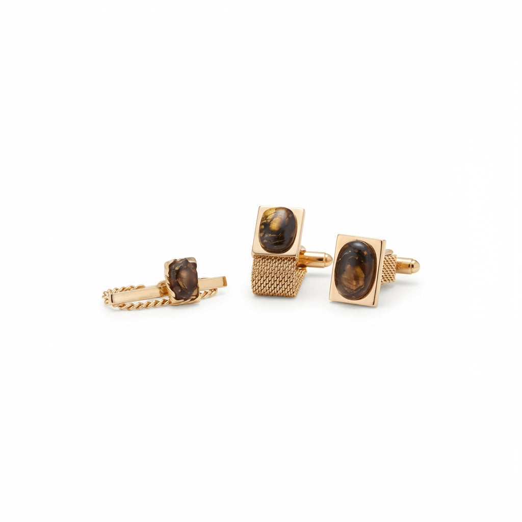 Gold Interweaved Cameo Cuff Links with Tie Pin