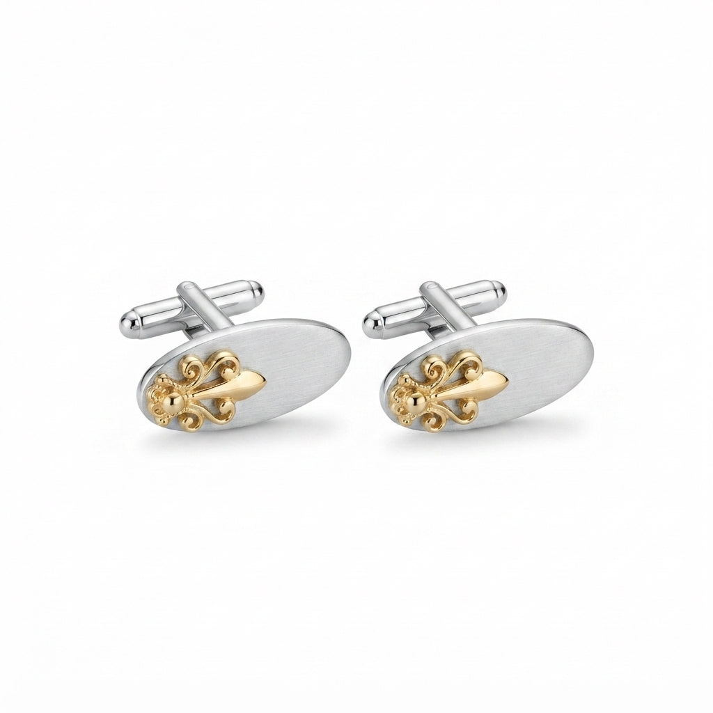 Silver Oval with Gold Fluer de Leaf Cuff Links