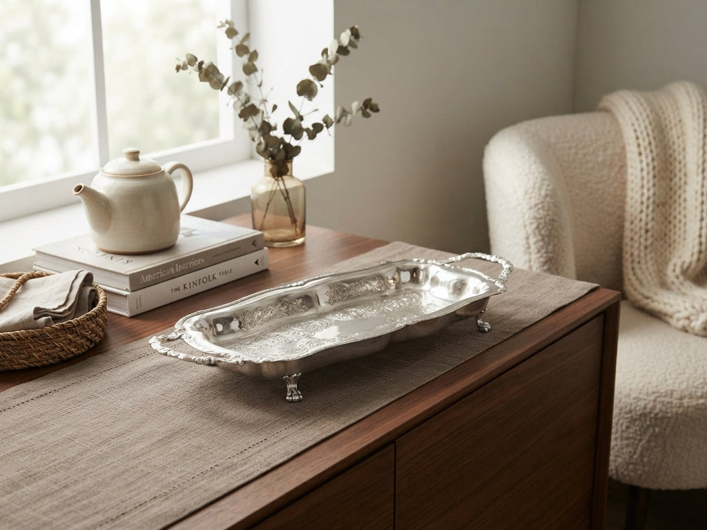 Vintage silver plated scalloped edge footed tray, view 2