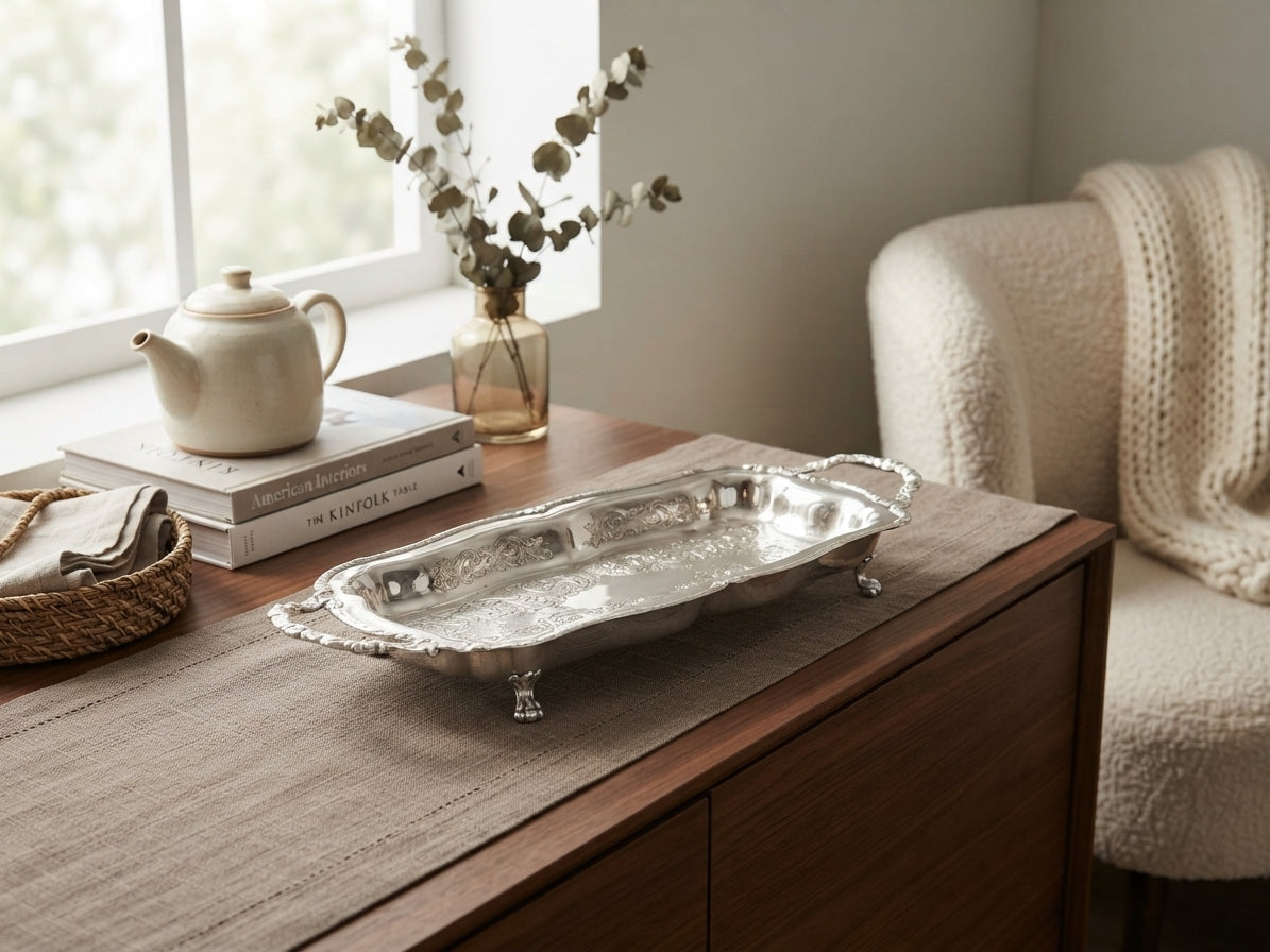 Vintage silver plated scalloped edge footed tray, view 2