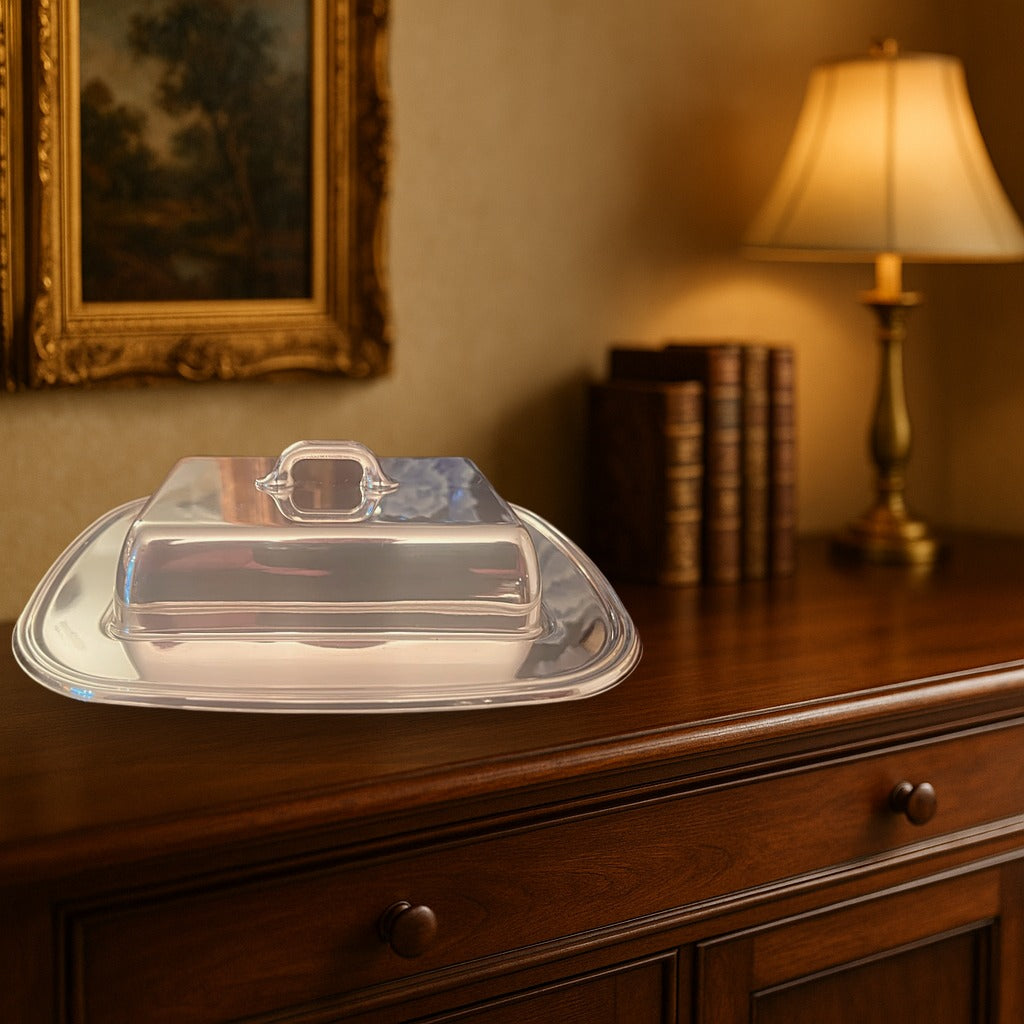 A Meneses Silver Plated rectangular small serving/butter dish displayed on a dark wood sideboard