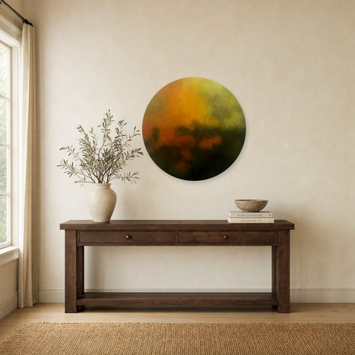 Afterglow by Janice Goodman shown to scale on a wall above a wooden console table