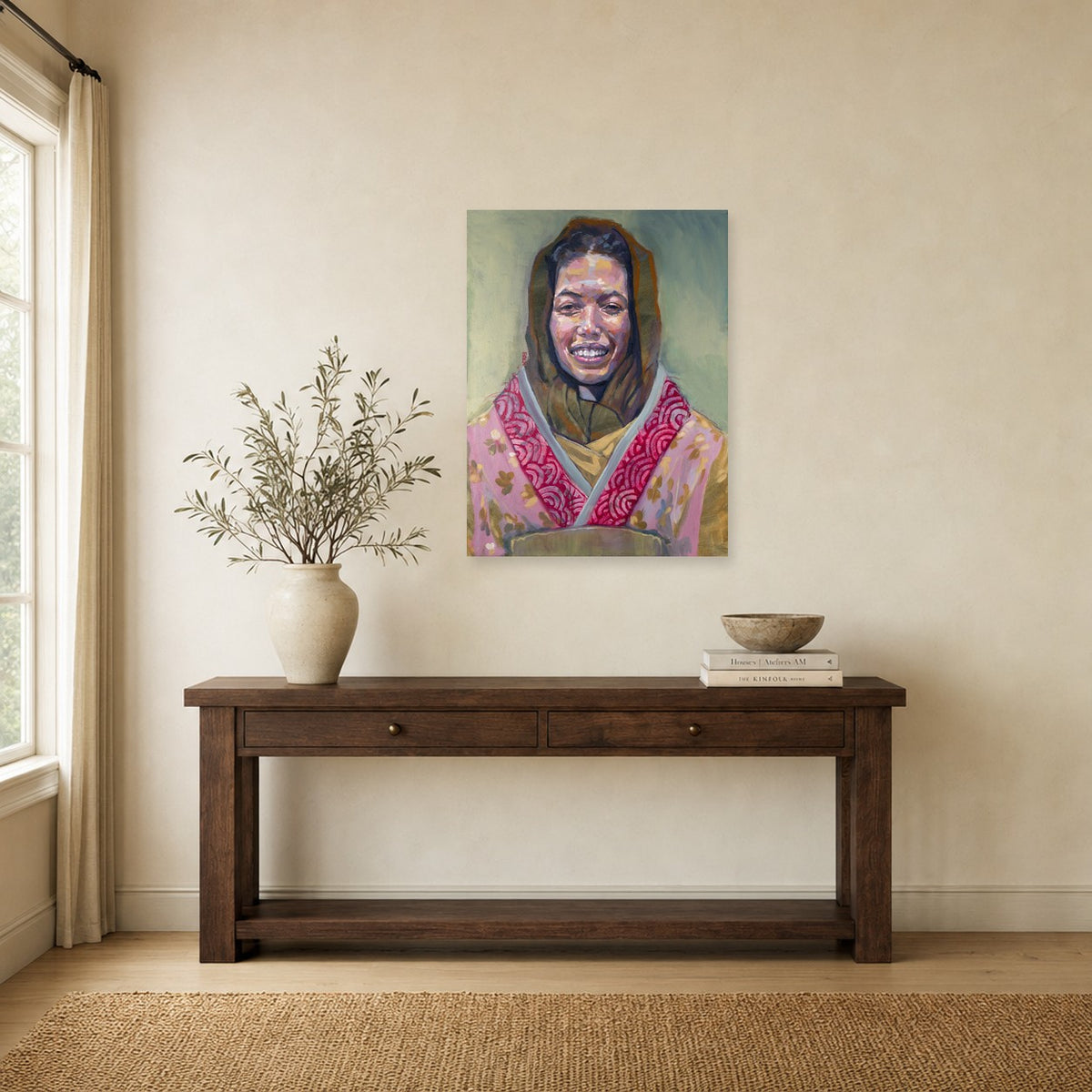 Aliyah Enters by Marvin Espy shown to scale on a wall above a wooden console table
