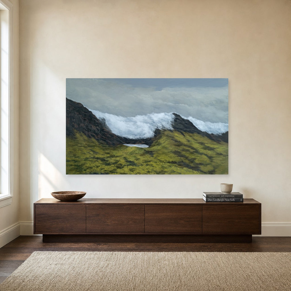 Basin by Freya Grand shown to scale on a wall above a walnut sideboard