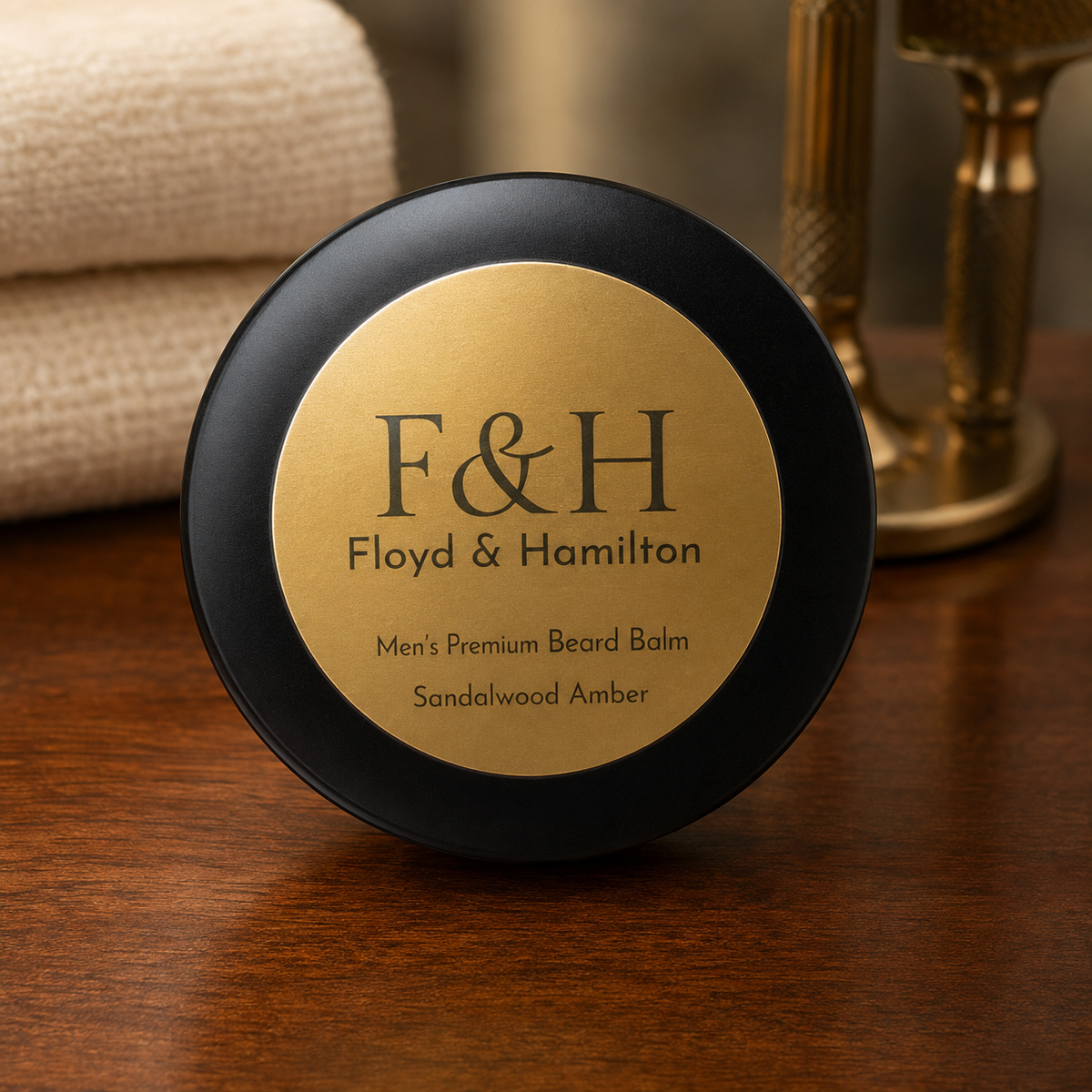 Premium Beard Balm, Sandalwood Amber — styled lifestyle view