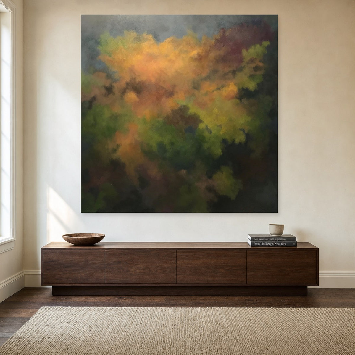 Disappearing Planet by Janice Goodman shown to scale on a wall above a walnut sideboard