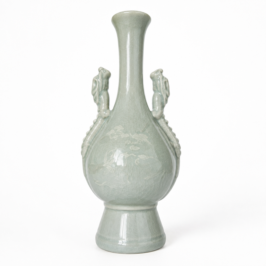 Double Dragon Handled Celadon-Glazed Porcelain Vase — studio product view
