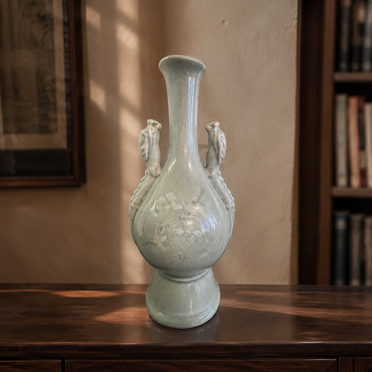 Double Dragon Handled Celadon-Glazed Porcelain Vase — styled lifestyle view
