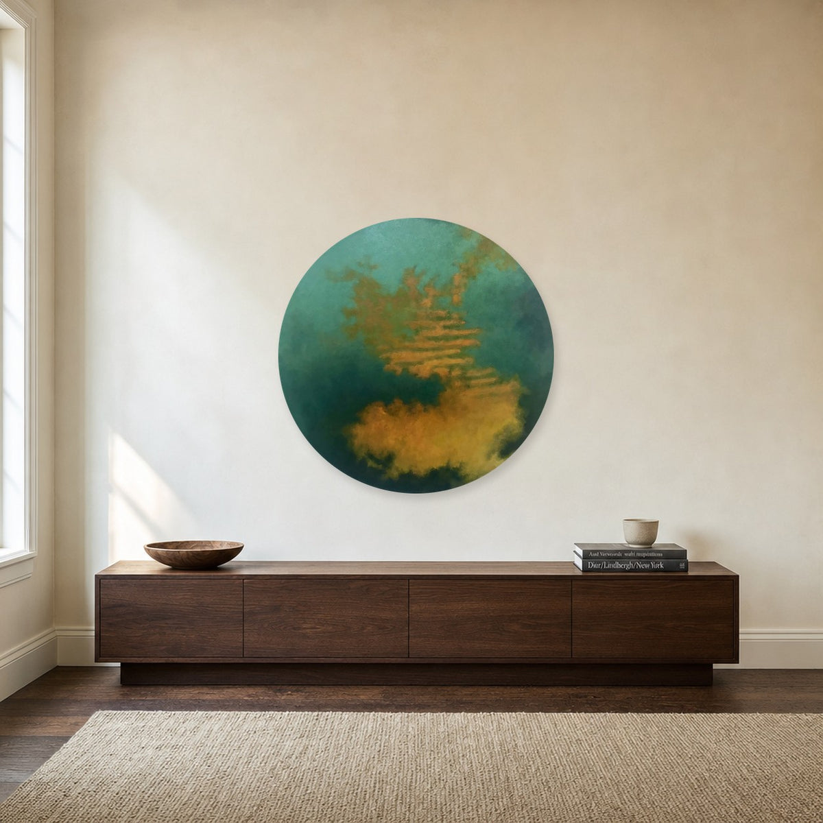 Eastern Orbit by Janice Goodman shown to scale on a wall above a walnut sideboard