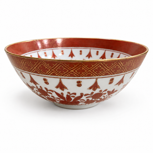 1960s ACF Imari porcelain bowl with iron-red and gilt decoration on a white background.