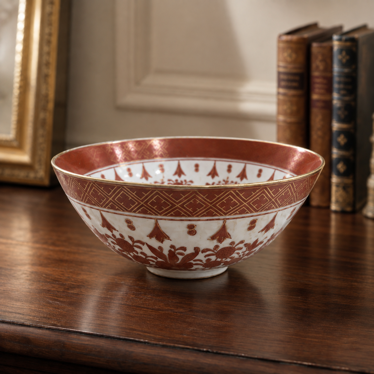 Styled placement of the ACF Imari porcelain bowl on a wooden sideboard.