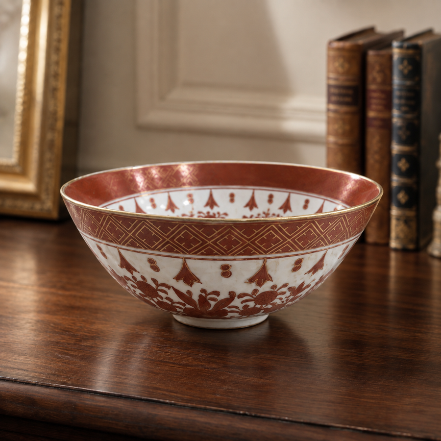Styled placement of the ACF Imari porcelain bowl on a wooden sideboard.