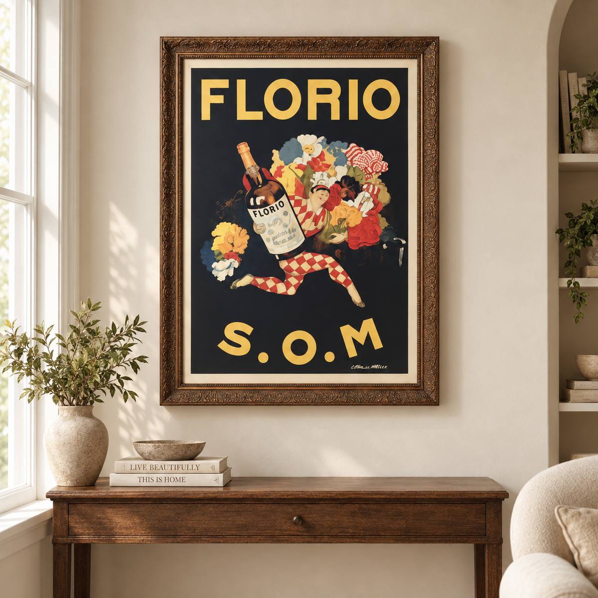 Florio S.O.M. framed lithograph shown at a larger scale above a wooden console.