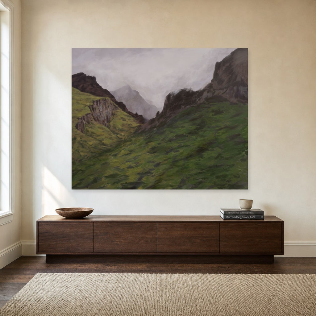 Gabhail by Freya Grand shown to scale on a wall above a walnut sideboard