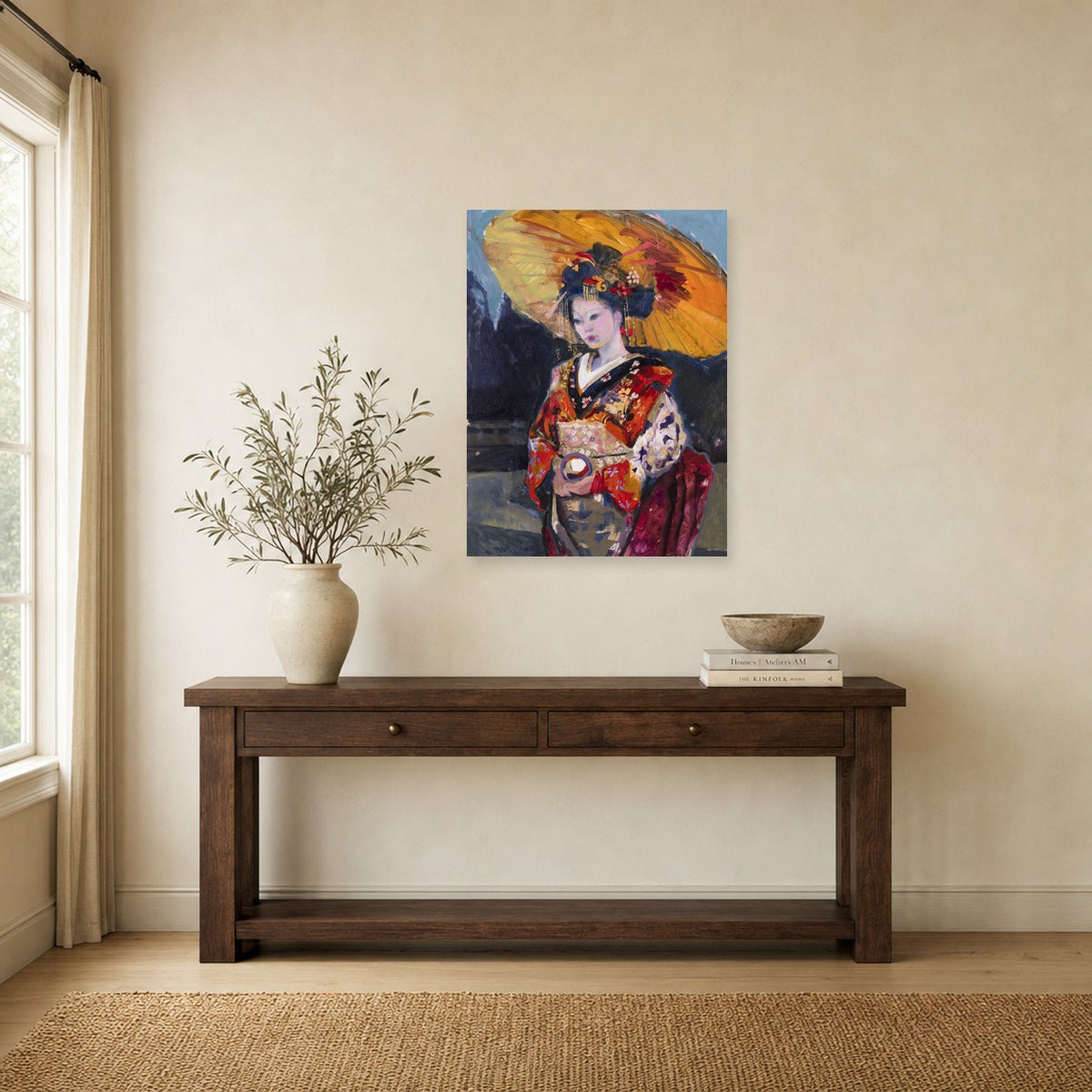 Geisha by Marvin Espy shown to scale on a wall above a wooden console table