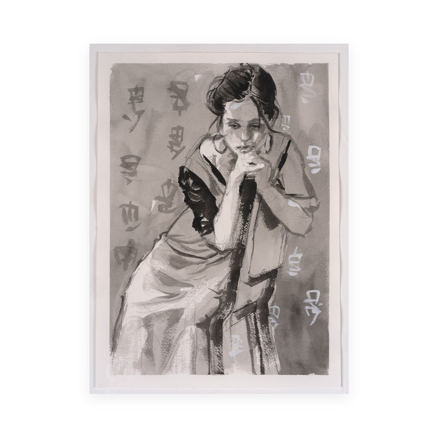 Girl in Chair by Marvin Espy, sumi ink on paper