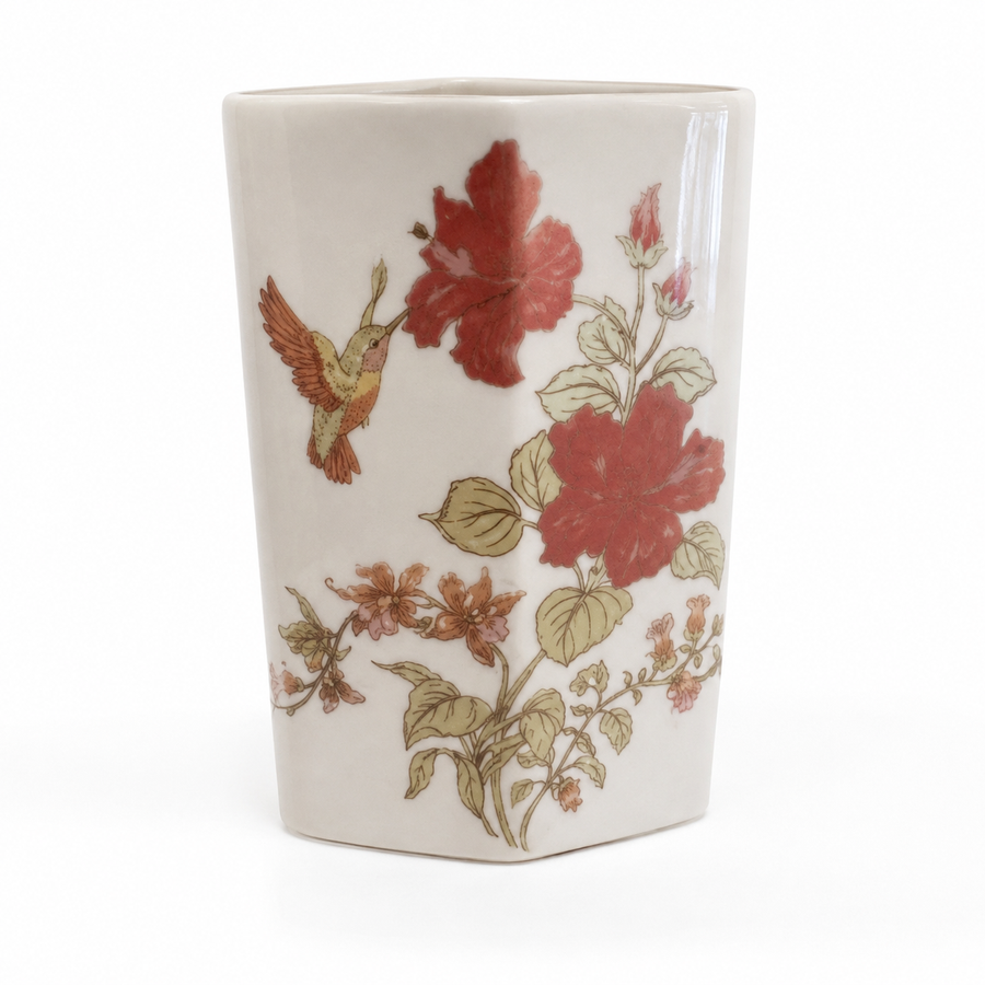 Porcelain Japanese Hummingbird and Floral Vase — studio product view