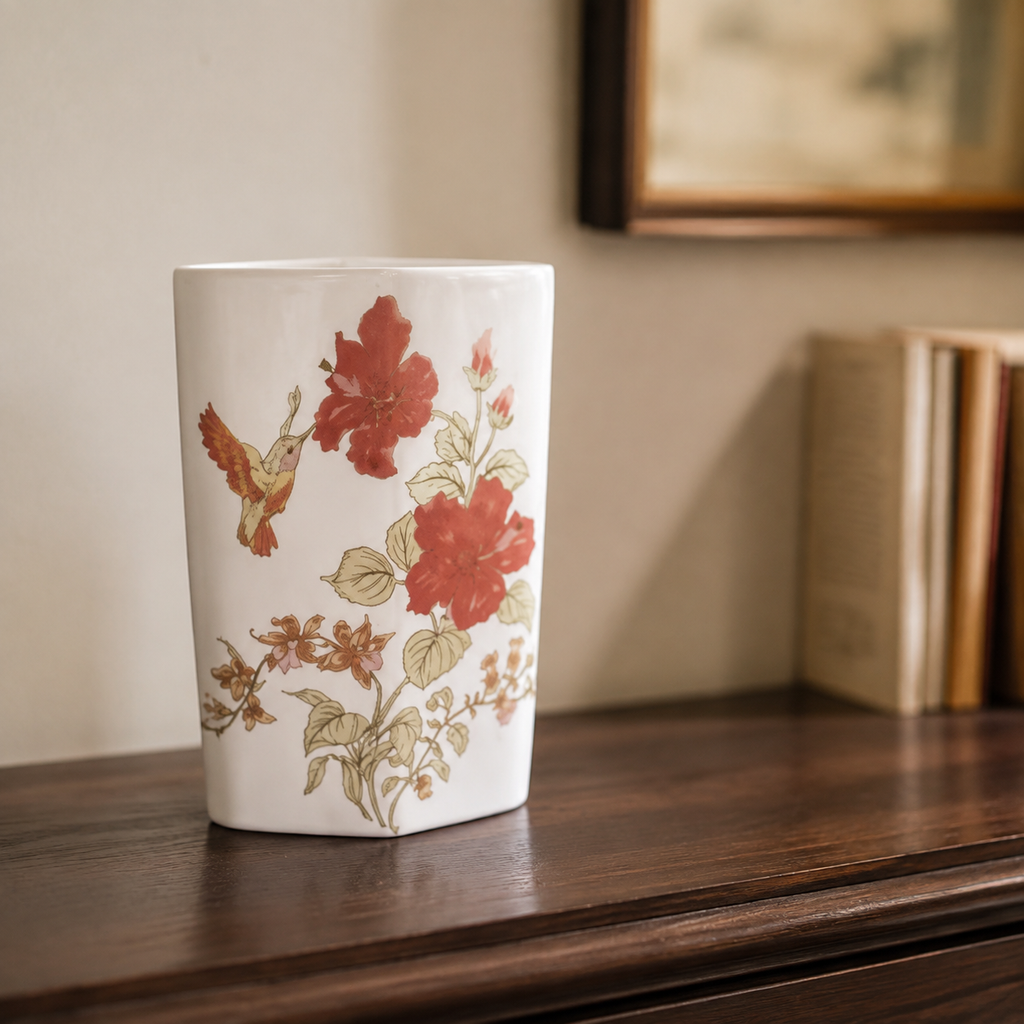 Porcelain Japanese Hummingbird and Floral Vase — styled lifestyle view