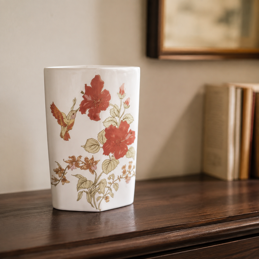 Porcelain Japanese Hummingbird and Floral Vase — styled lifestyle view