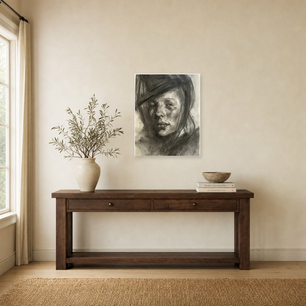 Mysterious Woman by Marvin Espy shown to scale on a wall above a wooden console table