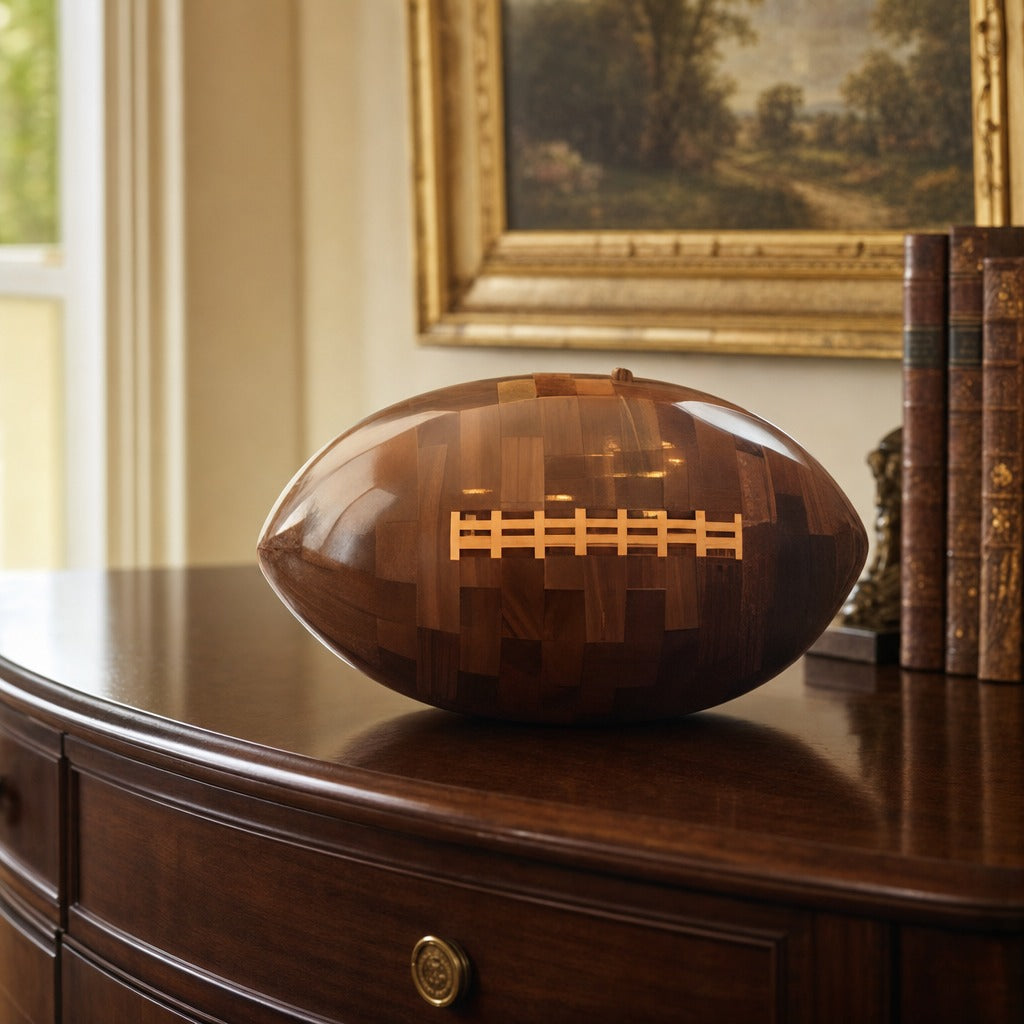 Non-segmented Natural Finish Football No. 15 displayed on a dark wood sideboard