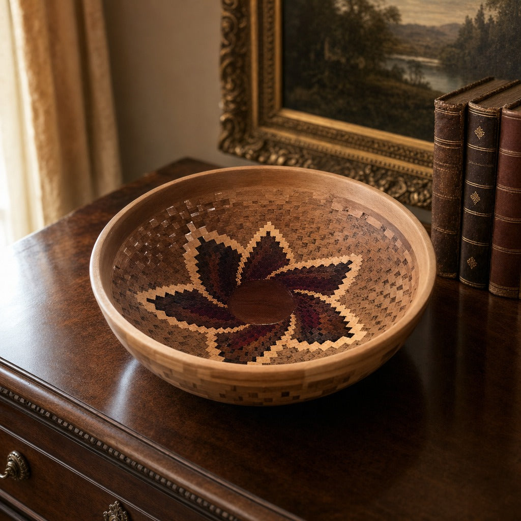 Open Segmented Natural Finish Bowl No. 1 displayed on a dark wood sideboard