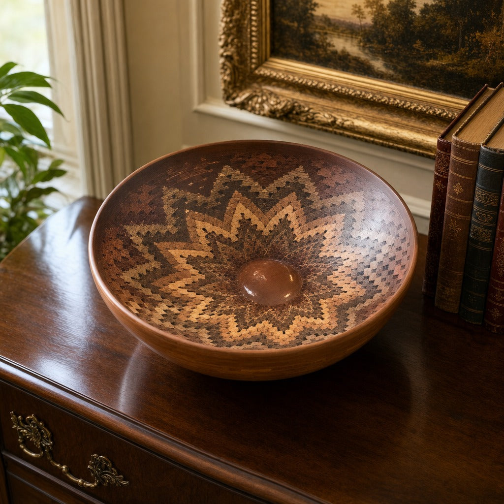 Open Segmented Natural Finish Bowl No. 10 displayed on a dark wood sideboard