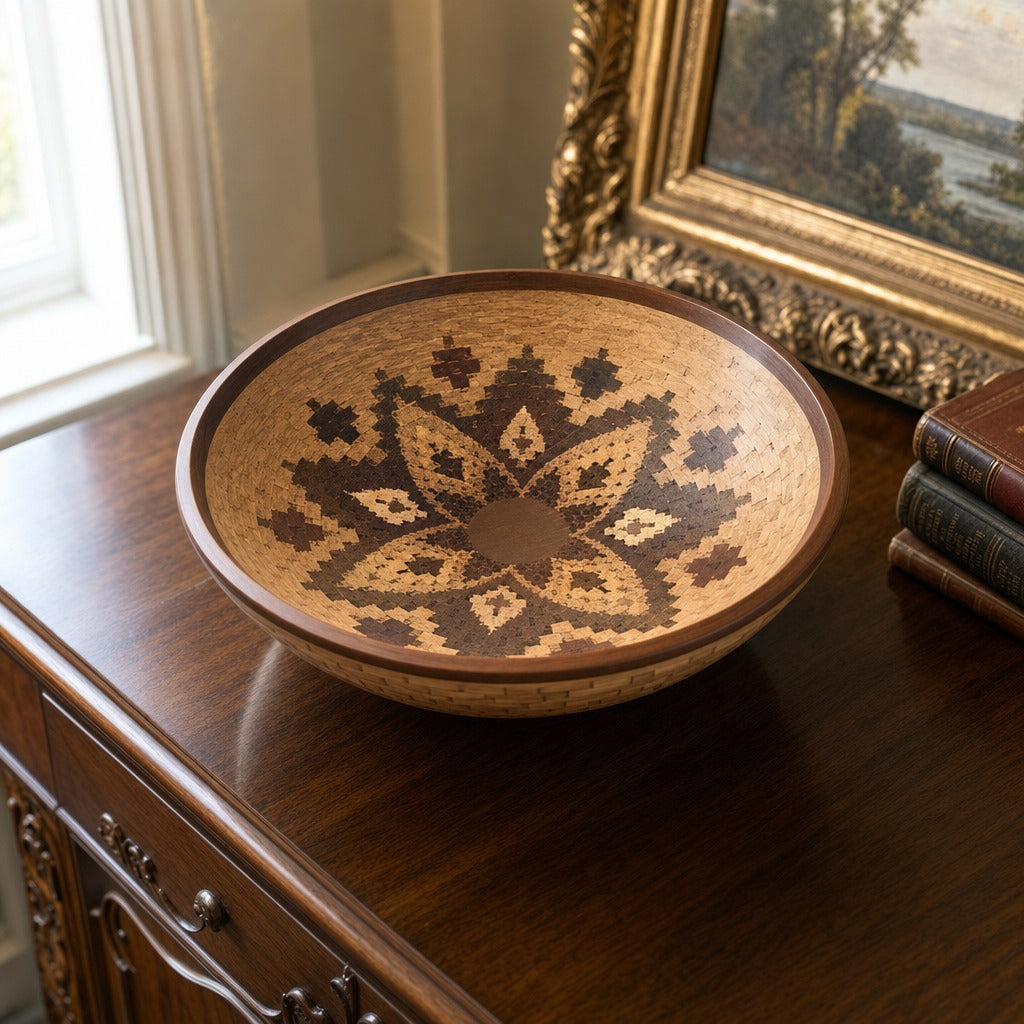 Open Segmented Natural Finish Bowl No. 11 displayed on a dark wood sideboard