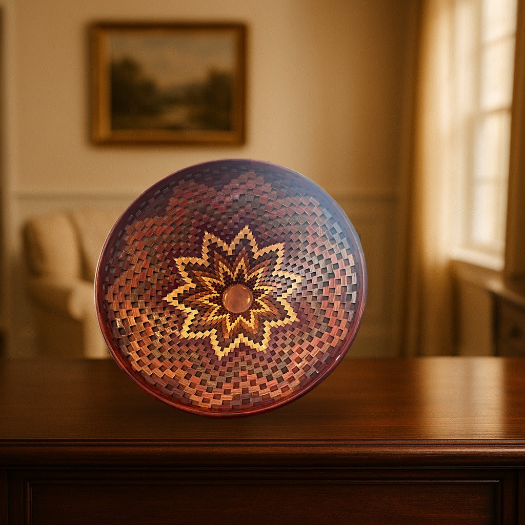 Open Segmented Natural Finish Bowl No. 13 displayed on a dark wood sideboard