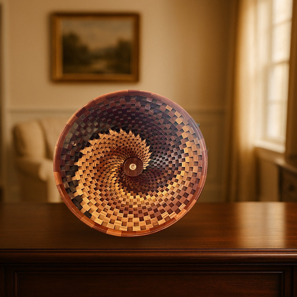 Open Segmented Natural Finish Bowl No. 14 displayed on a dark wood sideboard