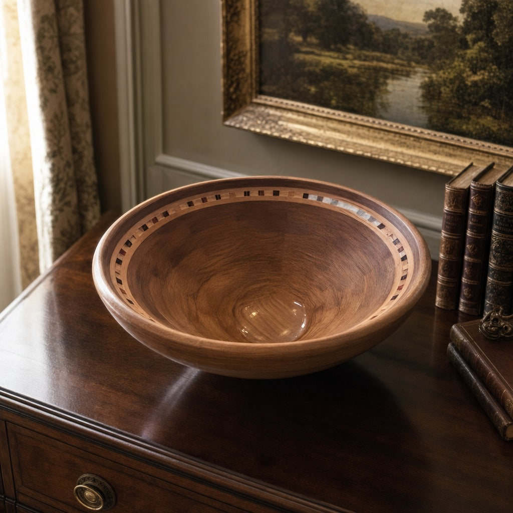 Open Segmented Natural Finish Bowl No. 16 displayed on a dark wood sideboard