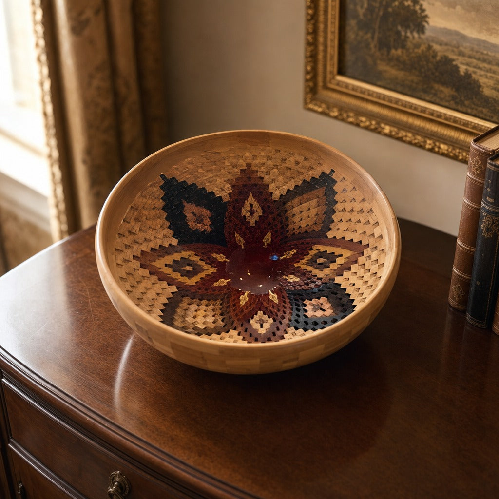 Open Segmented Natural Finish Bowl No. 2 displayed on a dark wood sideboard