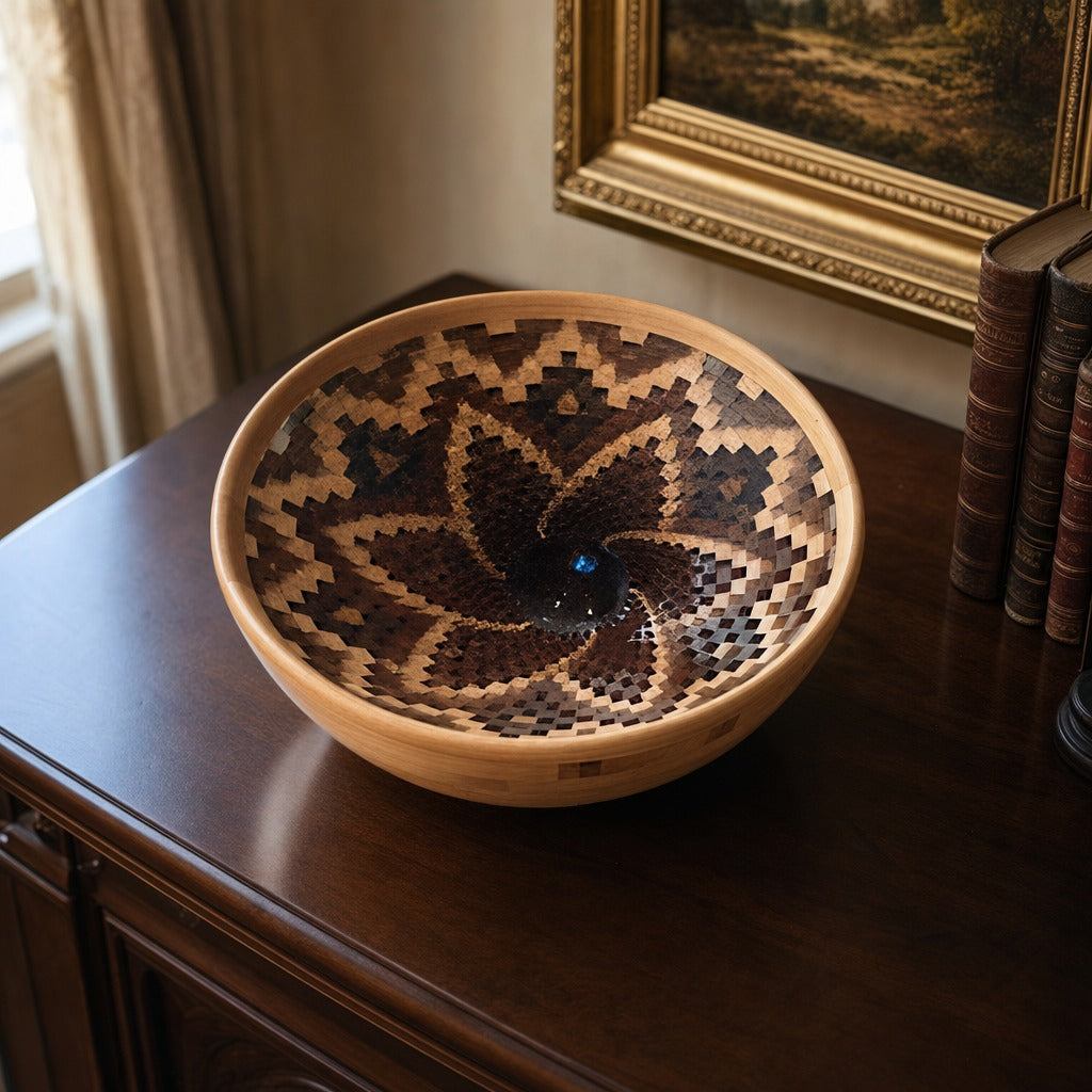 Open Segmented Natural Finish Bowl No. 4 displayed on a dark wood sideboard