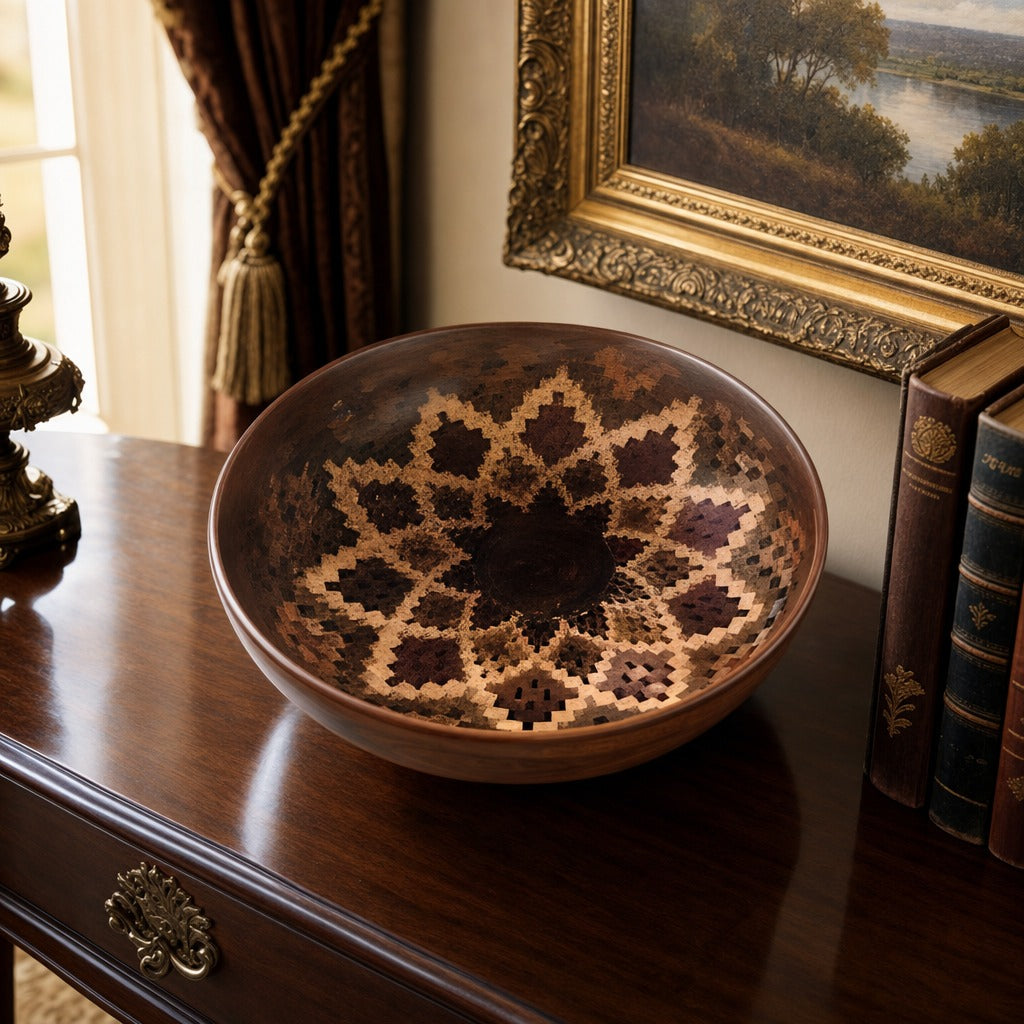 Open Segmented Natural Finish Bowl No. 6 displayed on a dark wood sideboard