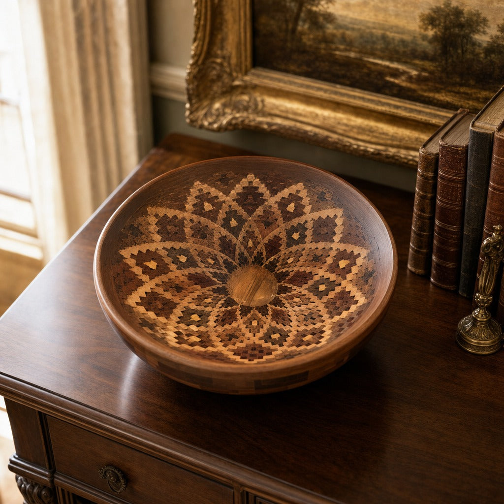 Open Segmented Natural Finish Bowl No. 7 displayed on a dark wood sideboard