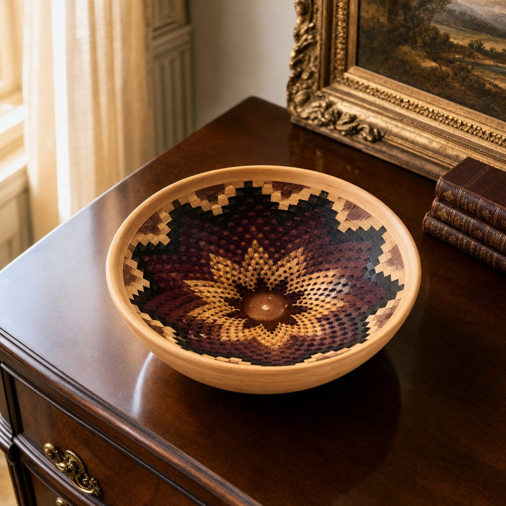 Open Segmented Natural Finish Bowl No. 8 displayed on a dark wood sideboard