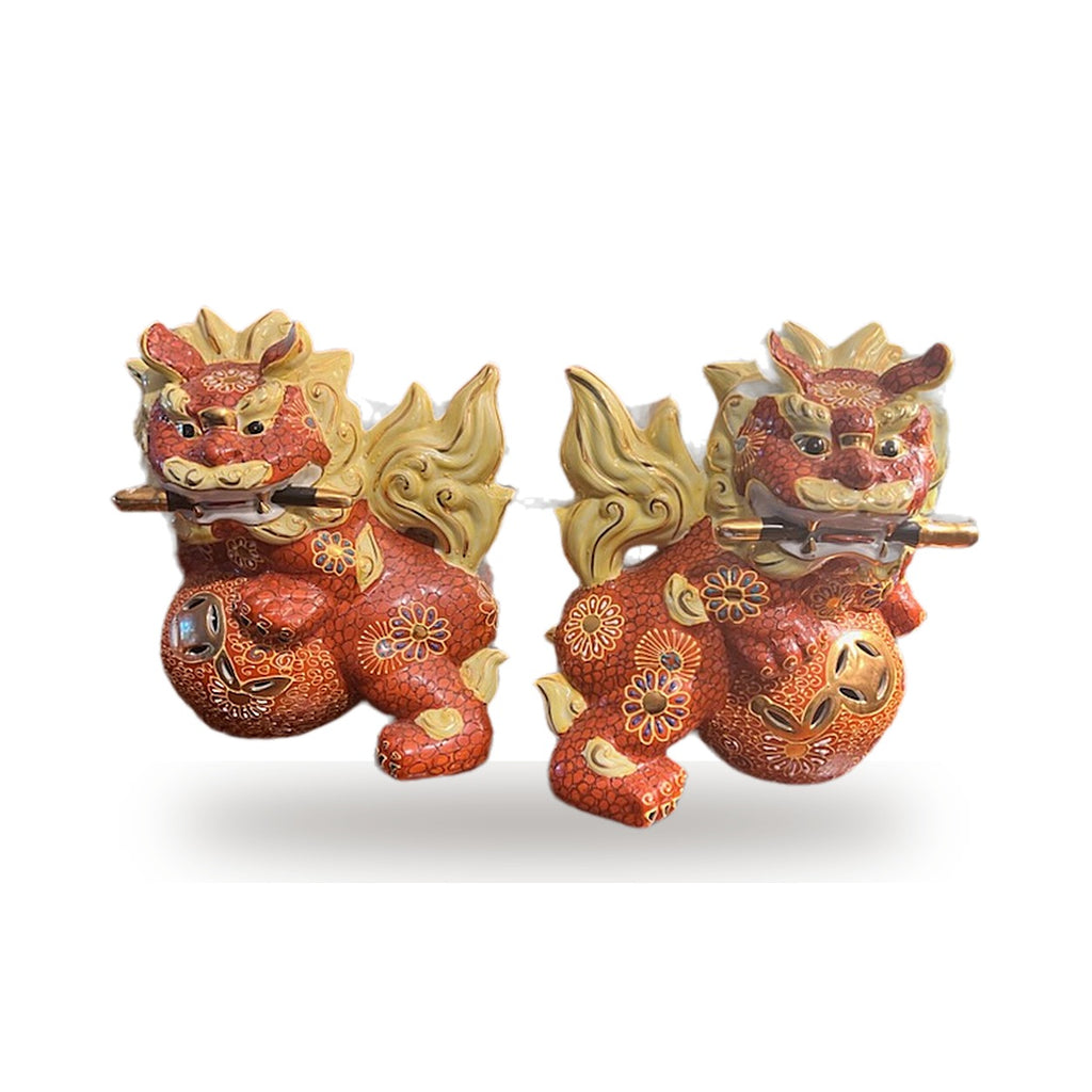 Pair of Japanese Kutani Guardian Lion Figures