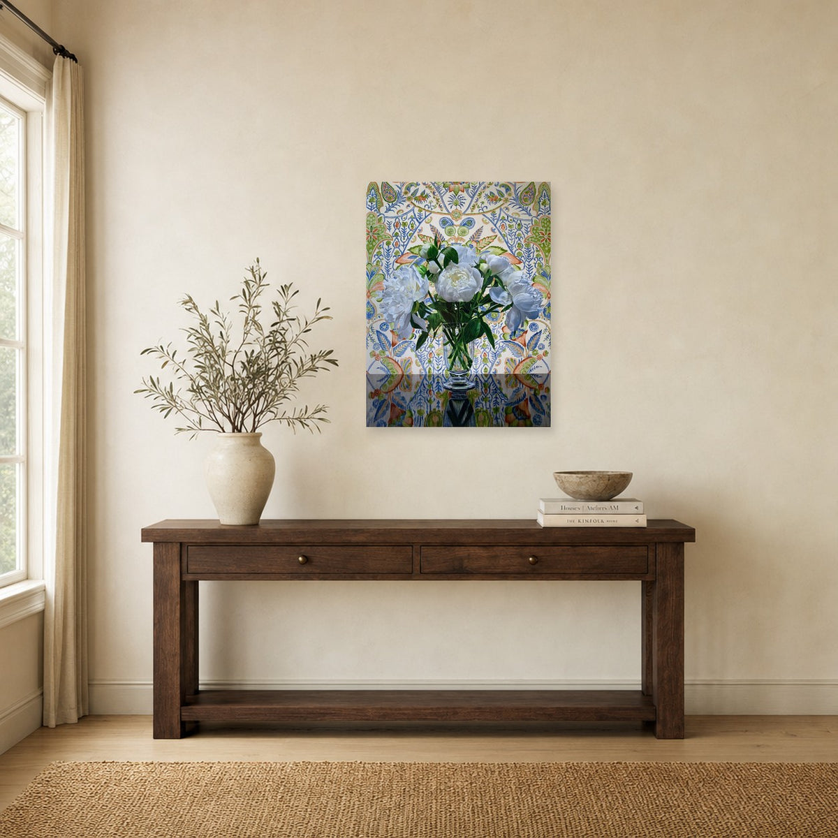 Peonies and Paisley by Rebecca Ford shown to scale on a wall above a wooden console table