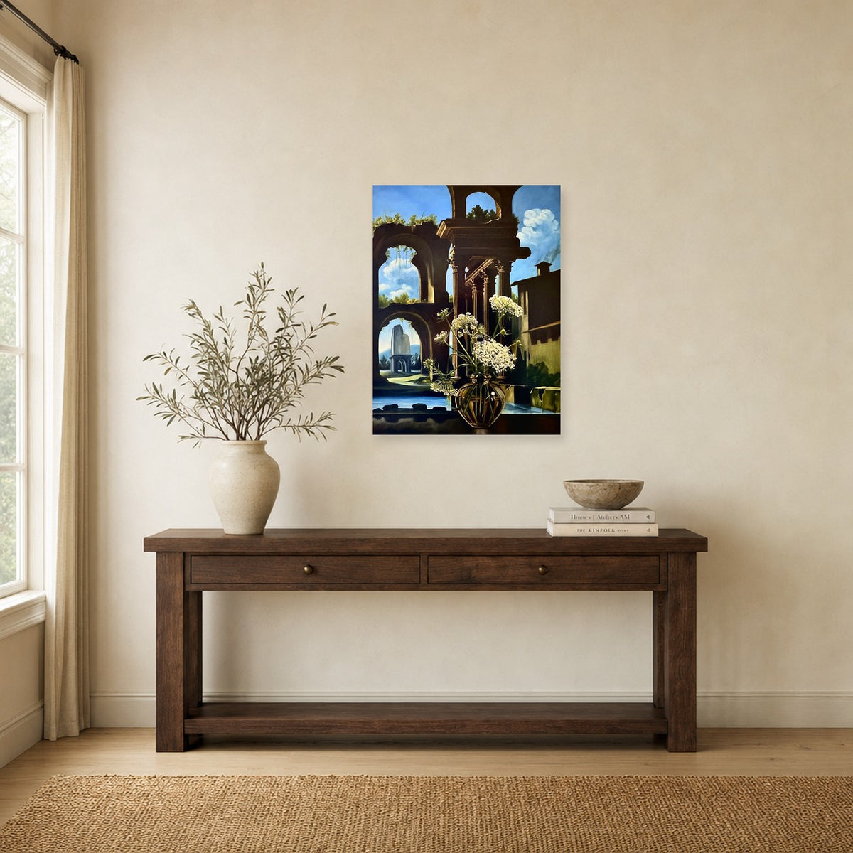 Ruins and Queen Anne's Lace by Rebecca Ford shown to scale on a wall above a wooden console table