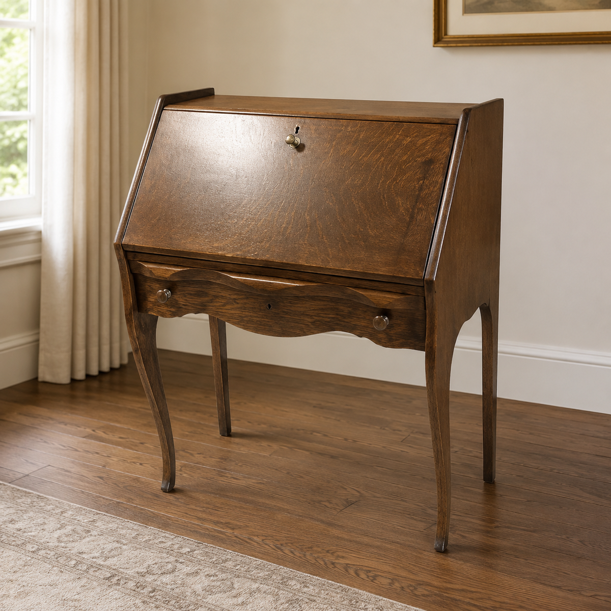 Oak slant-front secretary desk with cabriole legs in a warm traditional interior