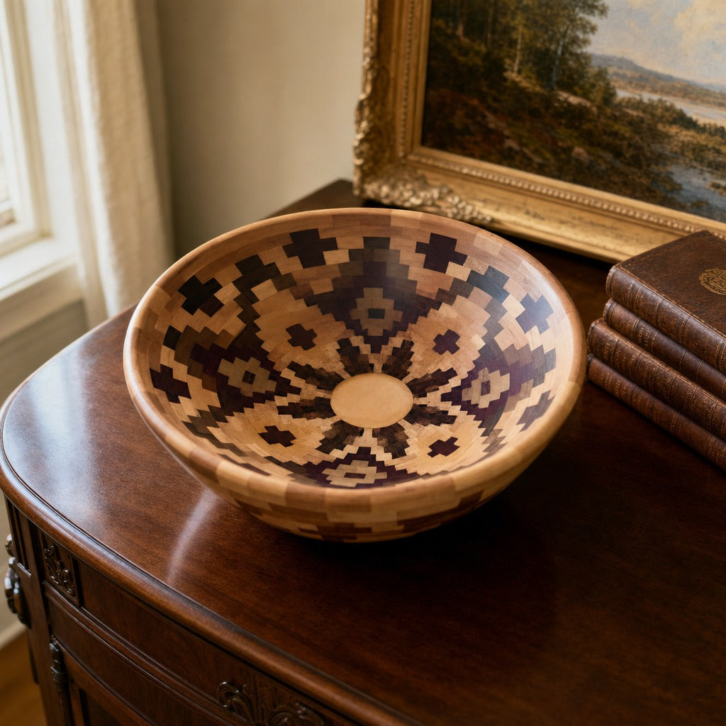 Solid Segmented Natural Finish Bowl No. 5 displayed on a dark wood sideboard