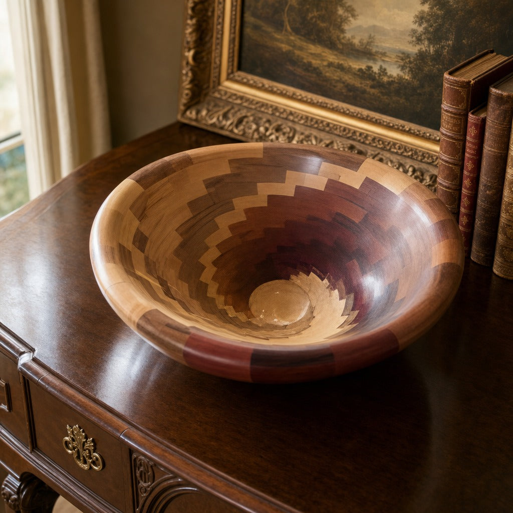 Solid Unsegmented Natural Finish Bowl No. 3 displayed on a dark wood sideboard
