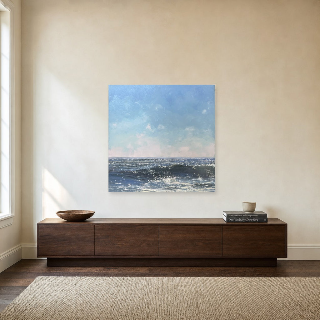 Summer Breeze II by Annie Wildey shown to scale on a wall above a walnut sideboard
