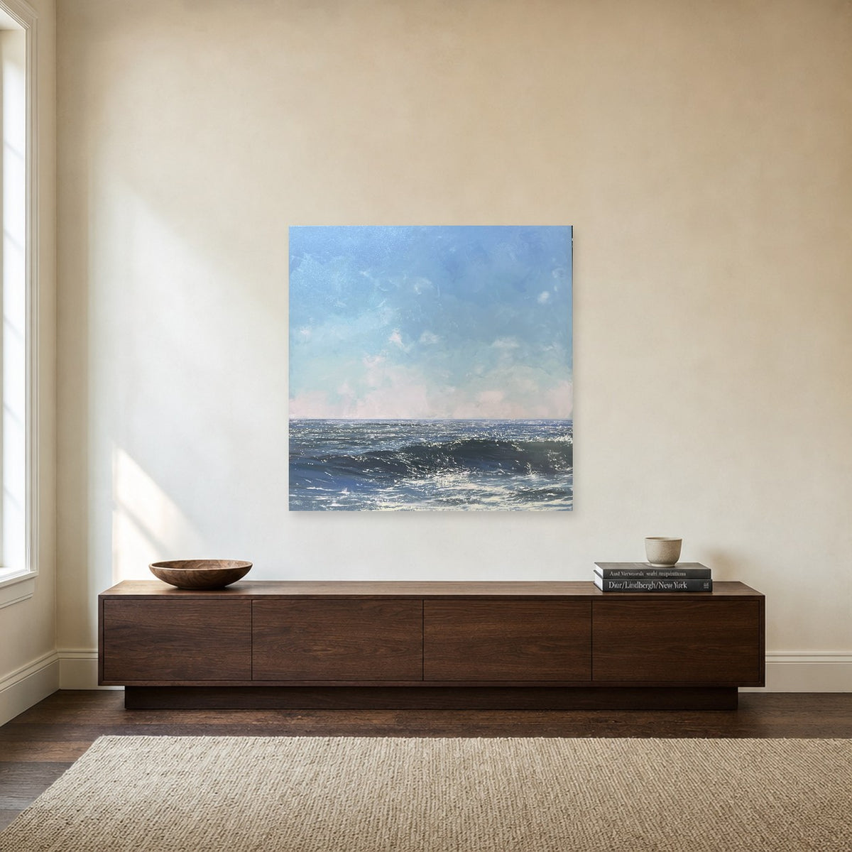 Summer Breeze II by Annie Wildey shown to scale on a wall above a walnut sideboard